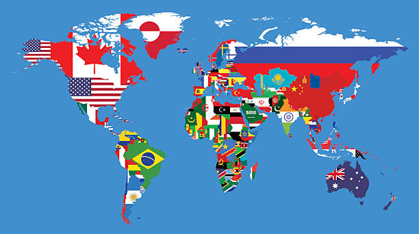 Worlds political map Detailed map of the whole World with all the countries flags inside their borders. international border stock illustrations