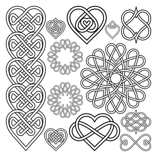 Set Hearts Intertwined in Celtic Knot Set Hearts Intertwined in Celtic Knot. Twelve Items celtic shamrock tattoos stock illustrations