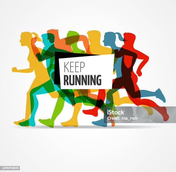 Running Marathon People Run Colorful Poster Stock Illustration - Download Image Now - Jogging, Marathon, Walking