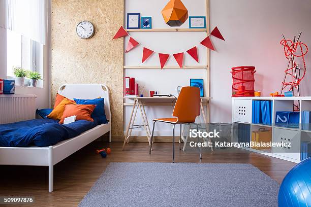 Modern Teen Boy Bedroom Stock Photo - Download Image Now - Child, Domestic Room, Bedroom
