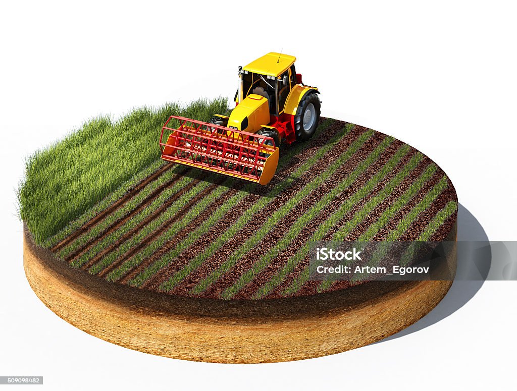 tractor preparing land for sowing 3d illustration of tractor preparing land for sowing. Cross section of ground isolated on white background Farm Stock Photo