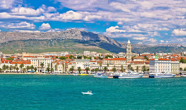 Split Riva waterfront view from sea Split Riva waterfront view from sea, Dalmatia, Croatia split croatia stock pictures, royalty-free photos & images