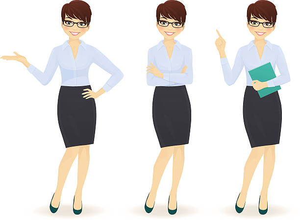 ilustrações de stock, clip art, desenhos animados e ícones de elegante mulher de negócios em poses diferentes - businesswoman skirt isolated standing