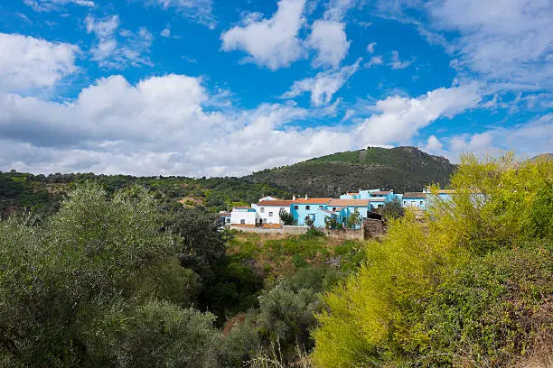 View juzcar. the village of the Smurfs. This town of Malaga was used to promote the movie of the Smurfs paint their houses blue