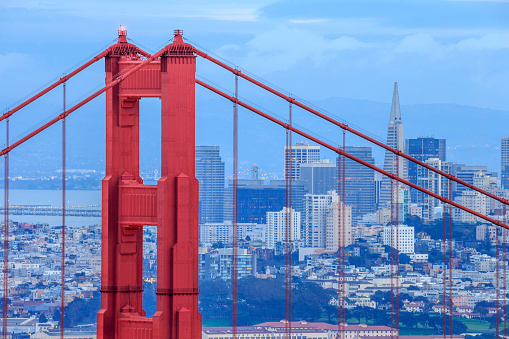 City skyline and Golden Gate bridge (San Francisco, California). Downtown and sunrise on the background. Canon 1Dx and telephoto lens.