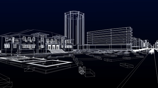 Abstract 3D blueprint sketch of an urban scene. Blue background. Concept - modern city, modern architecture and designing