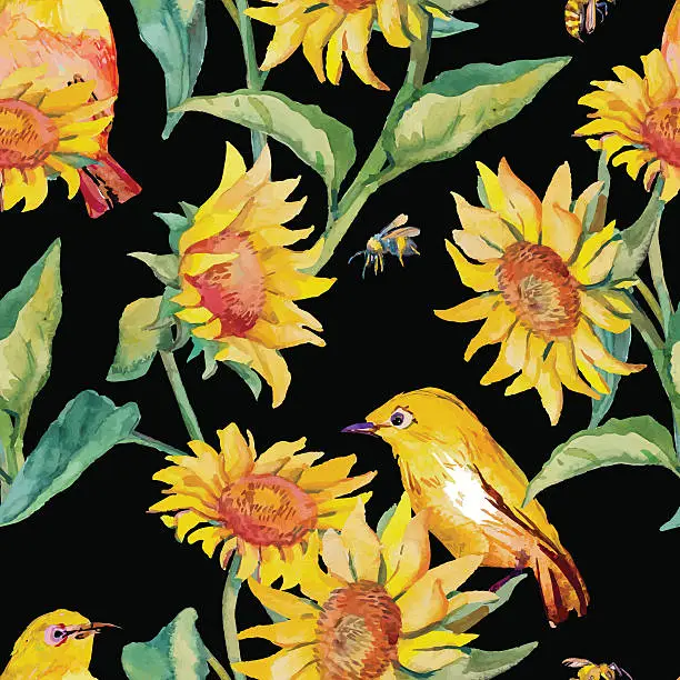 Vector illustration of Watercolor pattern.White-eye bird and sunflower
