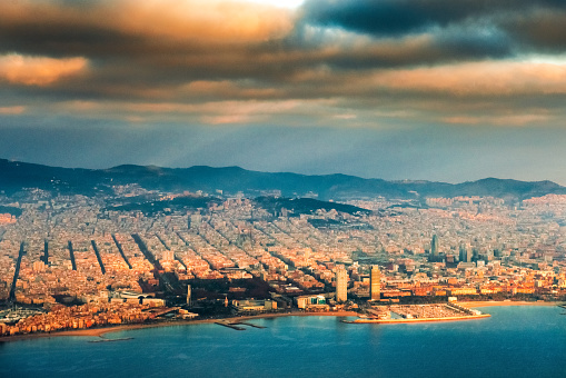 Aerial view of Barcelona Skyline at sunrise