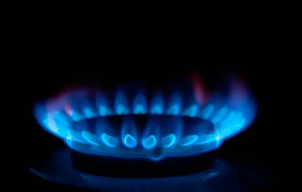 Gas stove, lit a blue flame burner