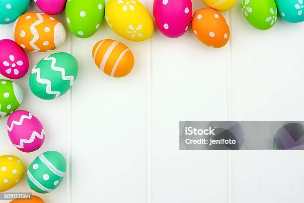 Easter Egg Corner Border Over White Wood Stock Photo - Download Image Now - Backgrounds, Easter, Easter Egg