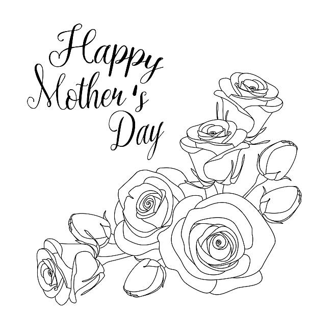 mothers day greeting card with roses, coloring page for adults vector art illustration
