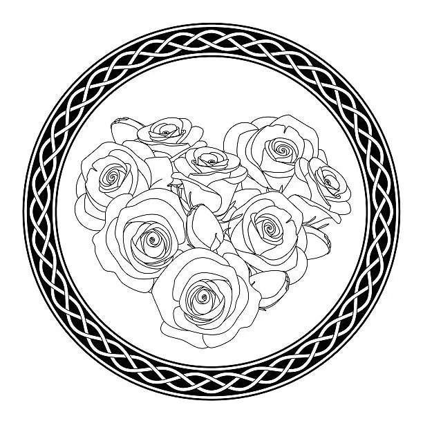 Vector illustration of ornament with celtic motive and roses, antistress coloring page for