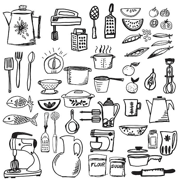 небрежно нарисованные ретро гаджеты и кухонной посуды кухня - kitchen equipment illustrations stock illustrations