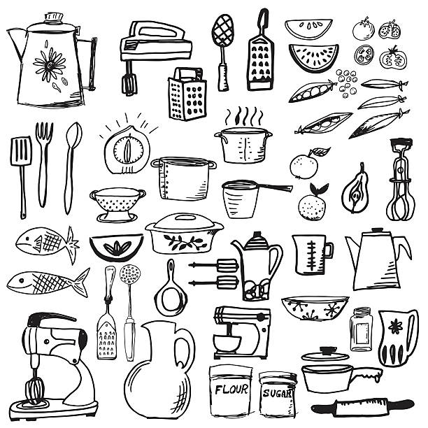 Retro Doodled Kitchen Gadgets and Cookware Retro Doodled Kitchen Gadgets and Cookware . Large set of cooking pots, utensils and serving dishes. cooking drawings stock illustrations