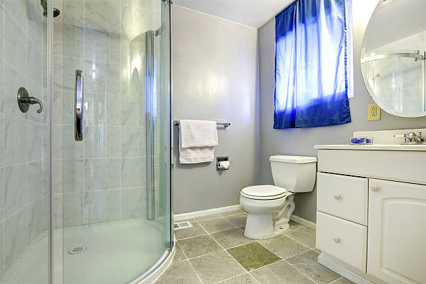 istock Bathroom interior with glass door shower 509117035