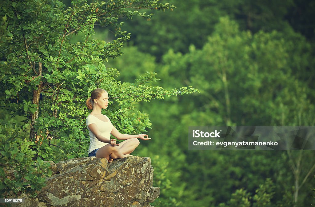 woman meditating in lotus posture, doing yoga on top woman meditating in lotus posture, doing yoga on top of the mountain on a rock in nature in the forest Adult Stock Photo