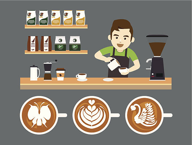 Barista Pouring Latte Art, Vector illustration Barista making latteart at counter in coffeeshop barista stock illustrations