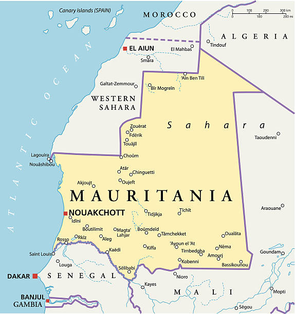 Mauritania Political Map Mauritania Political Map with capital Nouakchott, national borders, most important cities, rivers and lakes. Illustration with labeling and scaling. mauritania stock illustrations