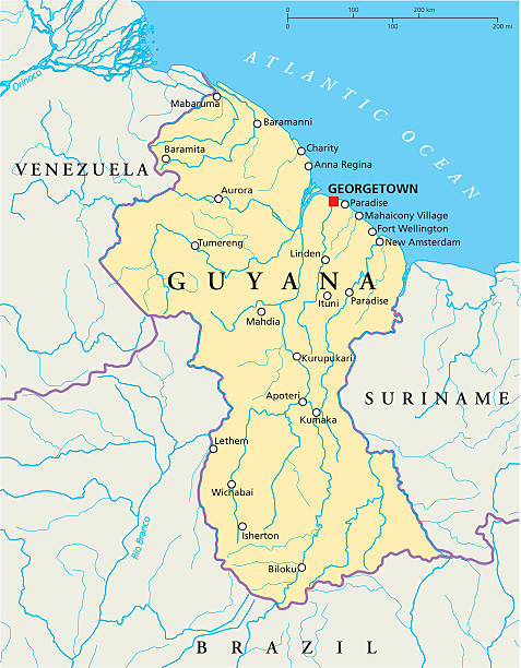 Guyana Political Map Guyana Political Map with capital Georgetown, national borders, most important cities and rivers. Illustration with labeling and scaling. guyana stock illustrations