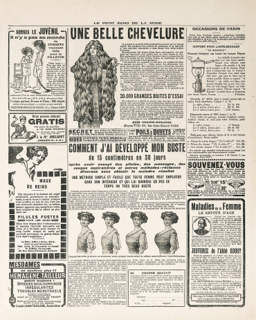 newspaper page with antique advertisement. vintage engraved illustration. Woman's fashion magazine Le Petit Echo de la Mode 1919 Paris, France