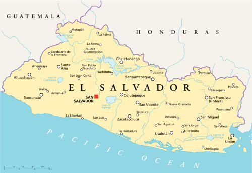 El Salvador Political Map with capital San Salvador, national borders, most important cities, rivers and lakes. Illustration with English labeling and scaling.