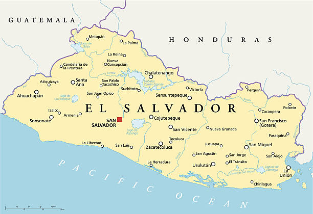 El Salvador Political Map El Salvador Political Map with capital San Salvador, national borders, most important cities, rivers and lakes. Illustration with English labeling and scaling. el salvador stock illustrations