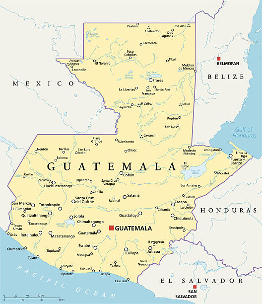 Guatemala Political Map Guatemala Political Map with capital Guatemala City, national borders, most important cities, rivers and lakes. Illustration with English labeling and scaling. guatemala stock illustrations