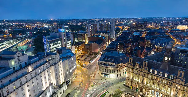Unique aerial long exposure shot of the centre of the Leeds skyline at night. The photo shows from the centre looking westt. Much of this area has been redeveloped and is now populated with new restaurants, hotels, bars, shops and apartments. 