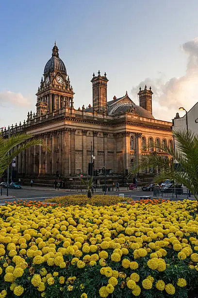 Britain in bloom and the Leeds Town hall, West Yorkshire, England.