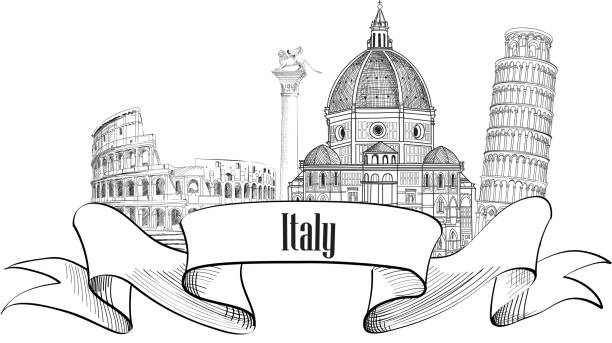 Trave Italy label. Italy skyline. Famous italian city places in skyline Italy architectural symbols: Pisa tower, Venice lion statue, Rome Coliseum, Florence St Maria Cathedral. Trave Italy label. Italy skyline. pisa sculpture stock illustrations