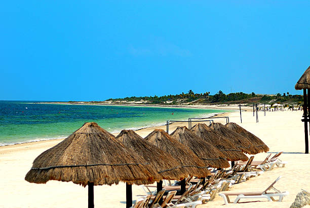 istock Beautiful Mexican tropical beach with umbrellas, chairs and whit 509172210