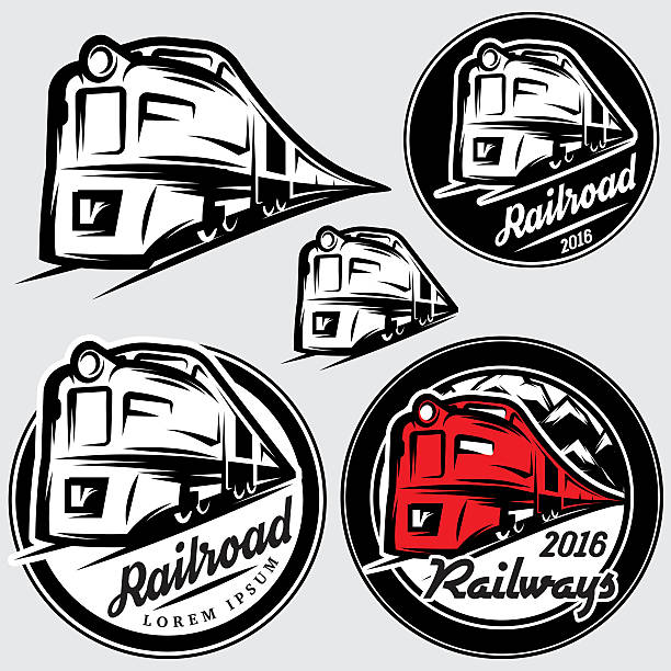 set of emblems in retro style with locomotives and railroad set of vector emblems in retro style with locomotives and railroad train vehicle front view stock illustrations