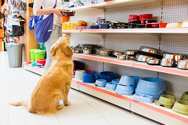 hund und seinen besitzer in pet shop kaufen neues bowl - tierhandlung stock-fotos und bilder