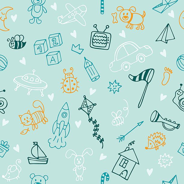 Hand drawn children drawings color seamless pattern. Doodle Hand drawn children drawings color seamless pattern. Doodle children drawing background. Background for little boys. Vector illustration clip art of how to draw a train stock illustrations