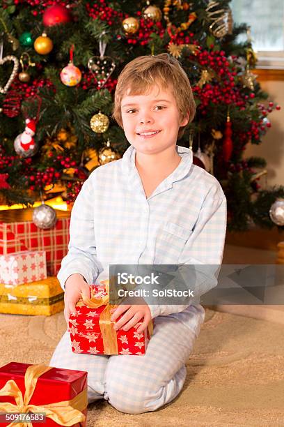 Boy With Christmas Gifts Stock Photo - Download Image Now - 8-9 Years, Box - Container, Boys