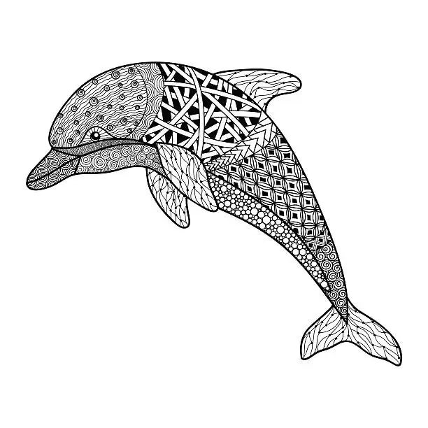 Vector illustration of beautiful monochrome black and white dolphin with  decorative flourish elements