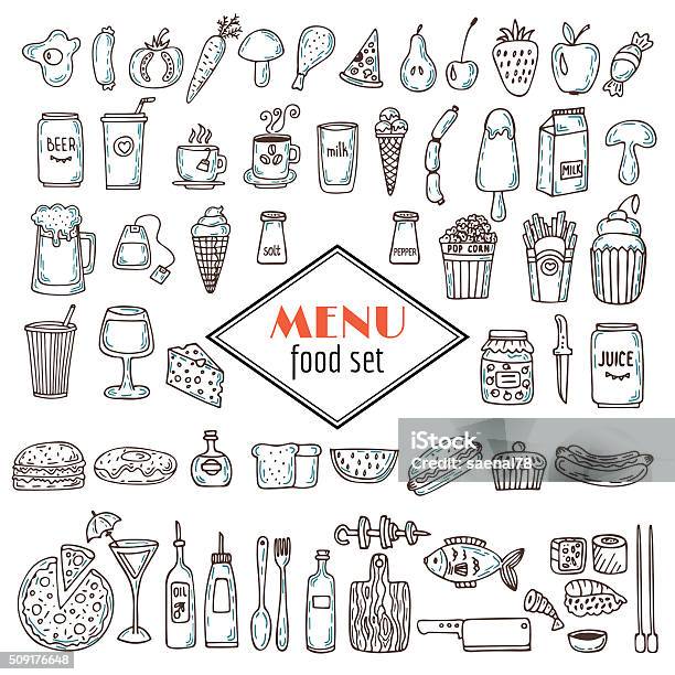 Hand Drawn Set Of Food Icons Set Of Various Doodles Stock Illustration - Download Image Now