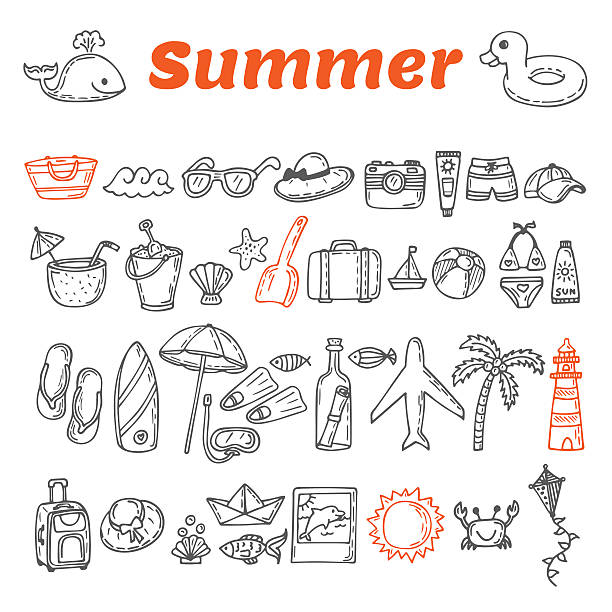 手描きの夏コレクションです。ビーチテーマ落書きセット。旅費 - pattern design element backgrounds shell点のイラスト素材／クリップアート素材／マンガ素材／アイコン素材