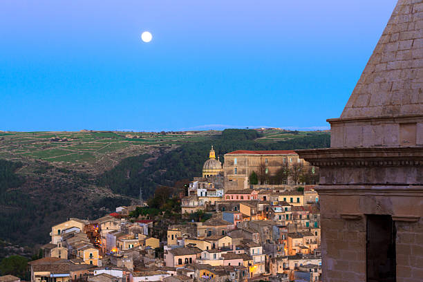 istock Ragusa Ibla, Sicily: Panorama at Dusk, Full Moon, Indigo Sky 509176710