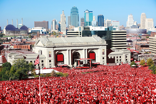 Kansas City, MO USA – November 3, 2015: Crowd of over 800,000 fans gathered at Union Station in Kansas City, MO to celebrate the Kansas City Royals winning the World Series.