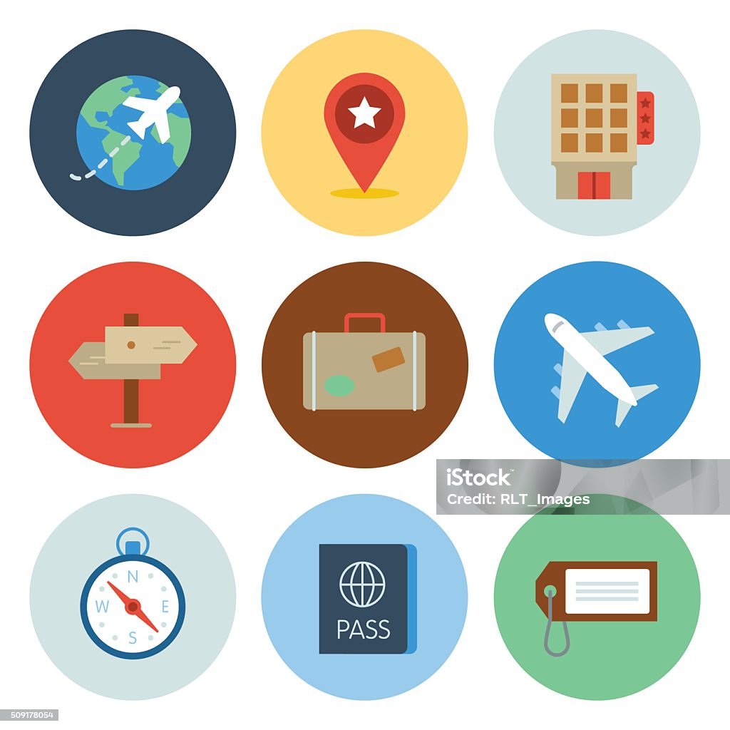 Travel Icons — Circle Series Professional icon set in flat color style. Vector artwork is easy to colorize, manipulate, and scales to any size. Airplane stock vector