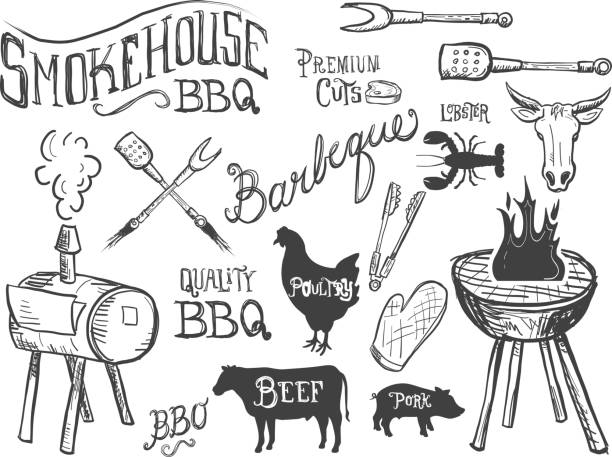 assorted barbecue, beef, chicken and pork, labels on white - teksas illüstrasyonlar stock illustrations
