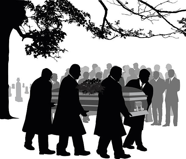 Coffin And Funeral Crowd A vector silhouette illustration of pall bearers carrying the coffin of a deceased loved one past spectators through a cemetary. funeral procession stock illustrations