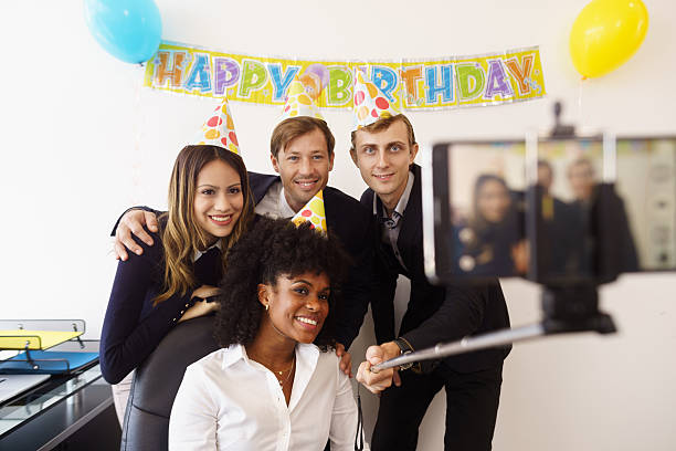 istock Business People Taking Selfie With Phone At Office Party 509179670