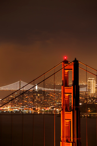 City skyline and Golden Gate bridge (San Francisco, California). Downtown and Bay Bridge on the background. Canon 1Dx and telephoto lens.