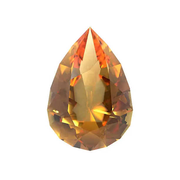 Realistic 3D render of jewel, a yellow topaz gemstone, pear (tear drop) cut. Isolated on white background.