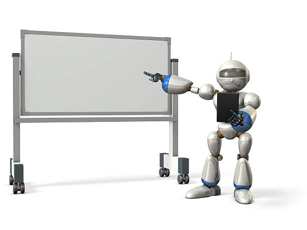 istock Robot will comment something in front of the whiteboard. 509180660