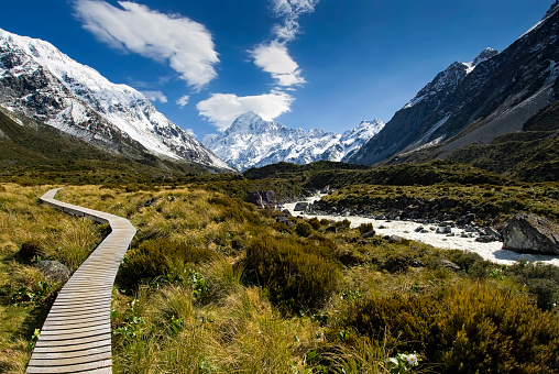 Boardwalk in the Hooker valley looking towards Mt Cook, South Island, New Zealand
