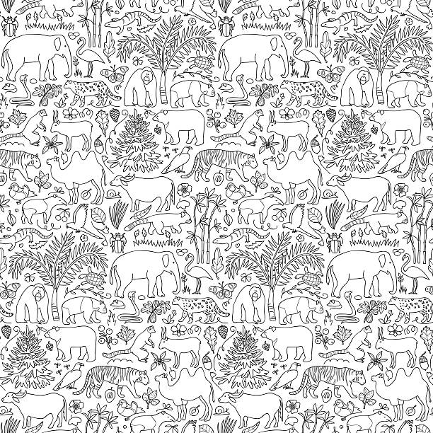 Hand drawn Asia seamless pattern Vector illustration of seamless pattern with Asian animals and plants buffalo iowa stock illustrations