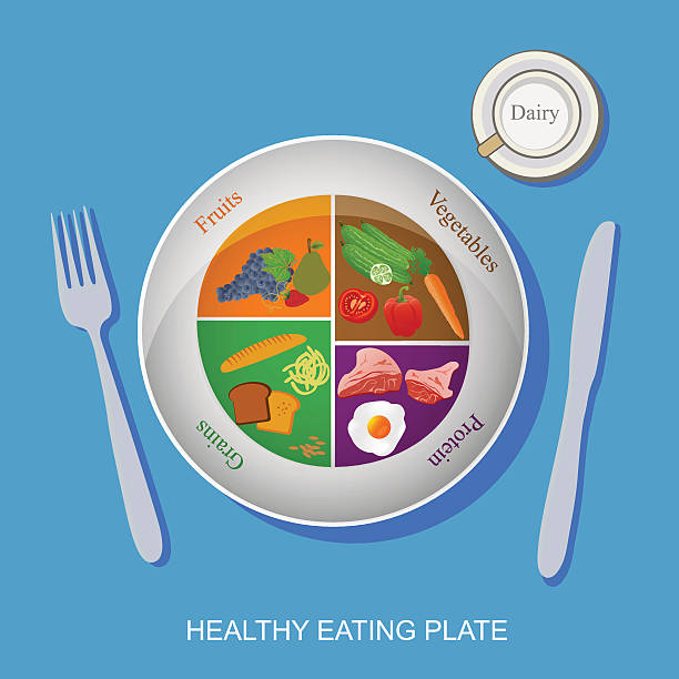 ilustrações de stock, clip art, desenhos animados e ícones de saudável comer dieta placa com alimentos, - divided plate